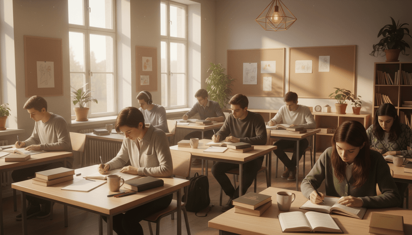 Sunlit classroom at Science Academy with students engaged in focused academic study