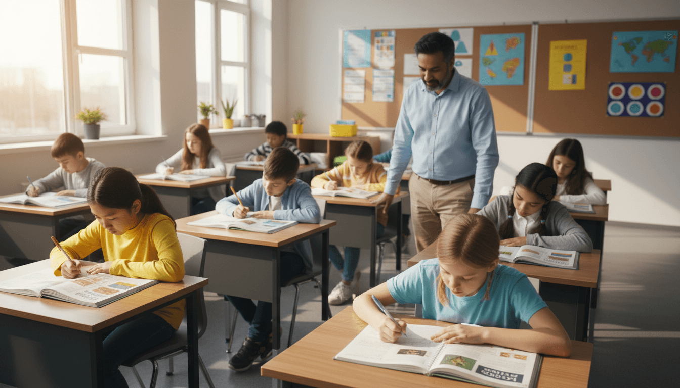 Students studying in a bright Science Academy classroom with personalized educator support