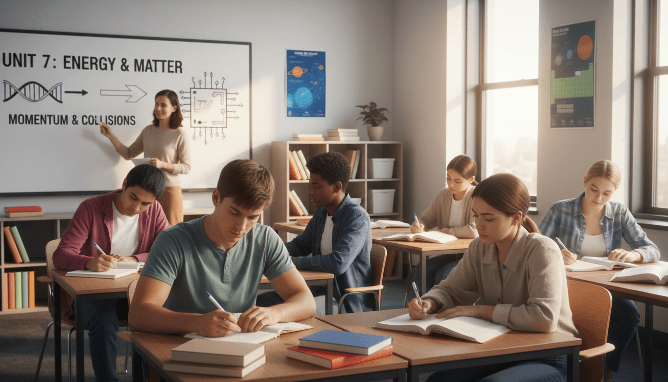 Students studying science at desks with teacher explaining concepts at whiteboard in bright modern classroom