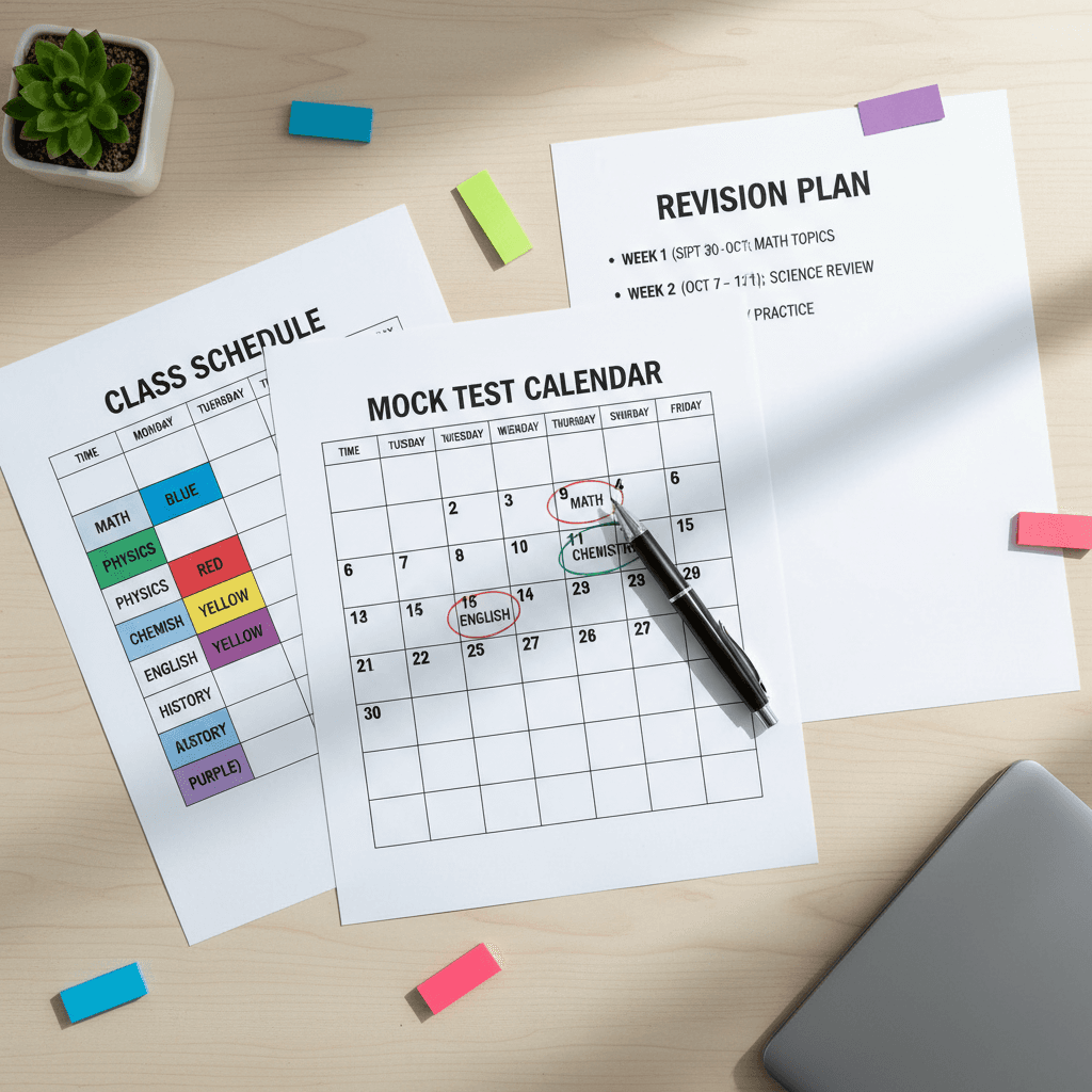 Organized class schedule and mock test calendar for structured learning