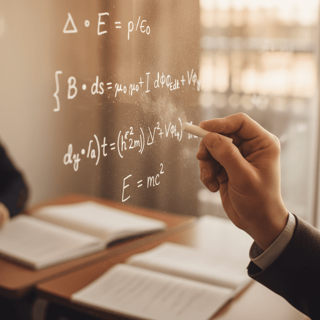 Faculty member writing physics equations on whiteboard during class instruction