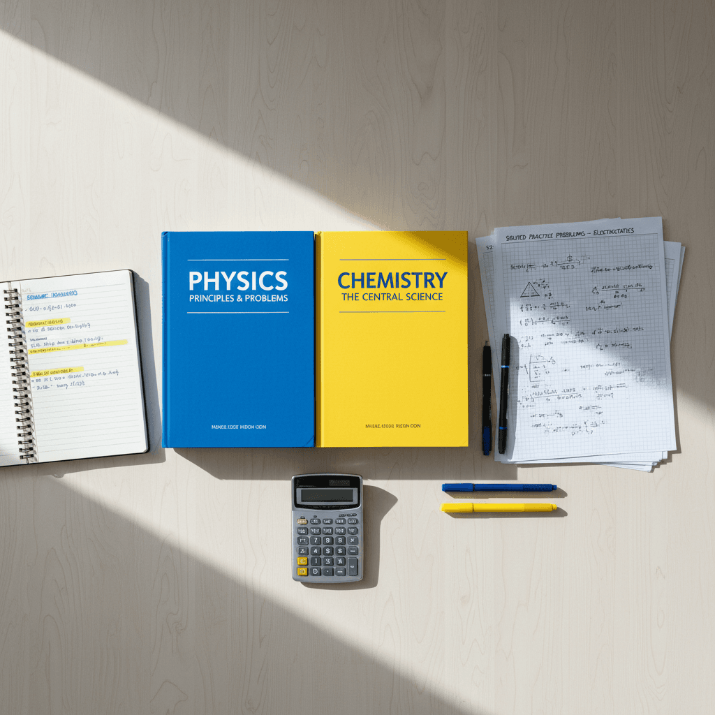 Comprehensive study materials and practice papers organized on a desk